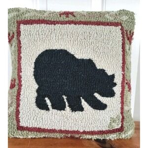 Chandler 4 Corners  Hooked Wool Pillow Woodsy Bear Laura Mergoz Lodge